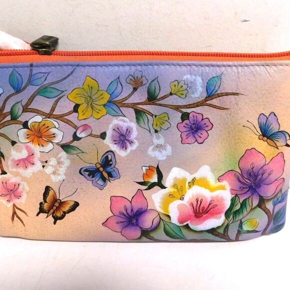 Anuschka Hand Painted Leather Japanese Garden RFID Organizer Crossbody Bag - Picture 2 of 10